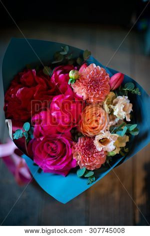Bouquet Of Flowers On A Leg In The Interior Of The Restaurant For A Celebration Shop Floristry Or We