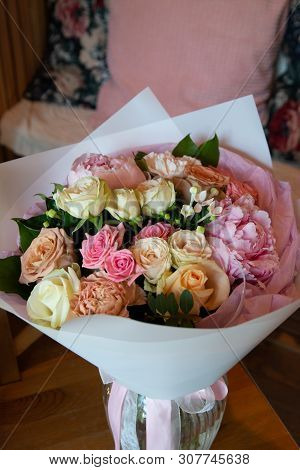 Bouquet Of Flowers On A Leg In The Interior Of The Restaurant For A Celebration Shop Floristry Or We