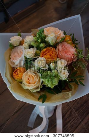 Bouquet Of Flowers On A Leg In The Interior Of The Restaurant For A Celebration Shop Floristry Or We