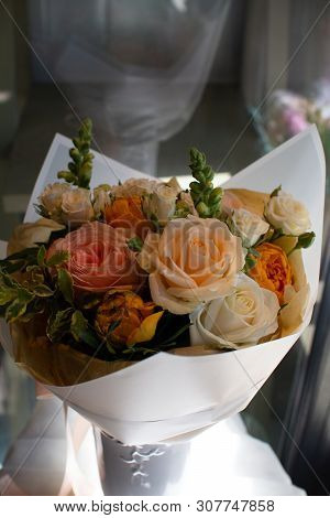 Bouquet Of Flowers On A Leg In The Interior Of The Restaurant For A Celebration Shop Floristry Or We