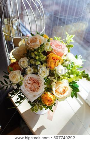 Bouquet Of Flowers On A Leg In The Interior Of The Restaurant For A Celebration Shop Floristry Or We