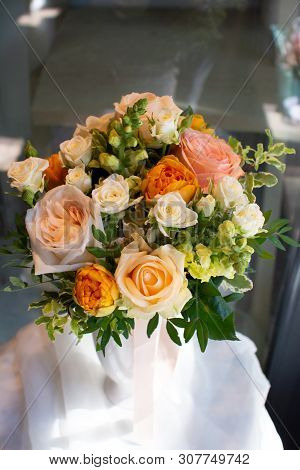 Bouquet Of Flowers On A Leg In The Interior Of The Restaurant For A Celebration Shop Floristry Or We