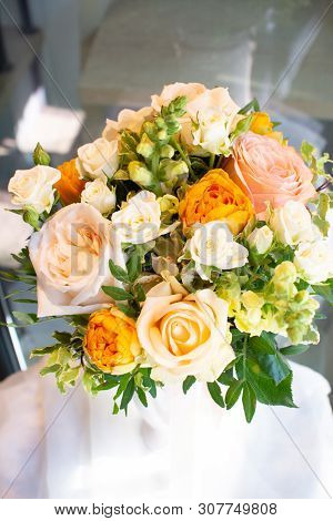 Bouquet Of Flowers On A Leg In The Interior Of The Restaurant For A Celebration Shop Floristry Or We