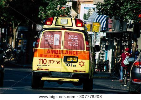Tel Aviv Israel June 15, 2019 View Of A Israeli Ambulance Rolling In The Streets Of Tel Aviv In The 