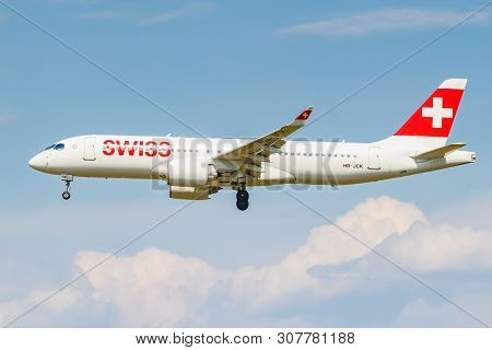 Moscow, Russia - June 21, 2019: Aircraft Bombardier Cseries Cs300 Hb-jck Of Swiss Airline Landing At