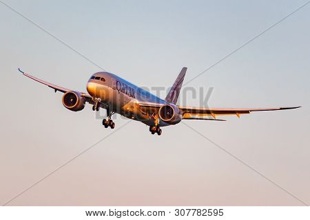 Moscow, Russia - June 20, 2019: Aircraft Boeing 787-8 Dreamliner A7-bcu Of Qatar Airways Landing At 