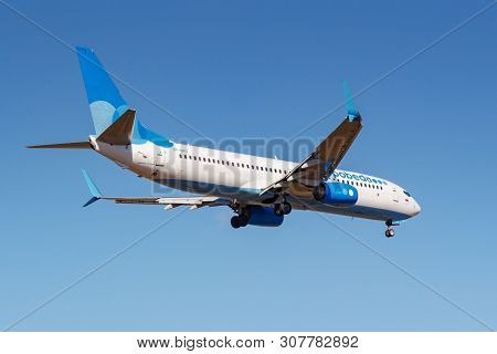 Moscow, Russia - April 03, 2019: Aircraft Boeing 737-8al(wl) Vp-bps Of Pobeda Airline Going To Landi