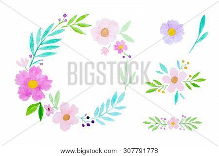 Watercolor Illustration Art Design, Set Of Colorful Flowers And Wreath In Watercolor Hand Pianting S