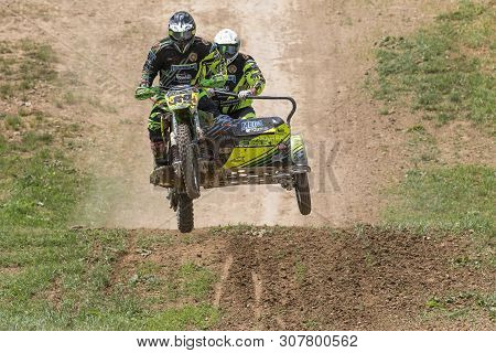 Brezova Nad Svitavou, Czech Republic - June 15, 2019: Front View Of Sidecars Jumping In Internationa