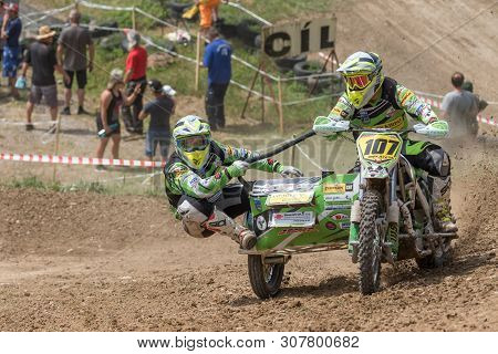 Brezova Nad Svitavou, Czech Republic - June 15, 2019: Front View Of Sidecars In Turn In Internationa