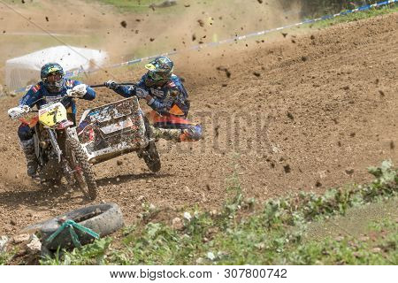Brezova Nad Svitavou, Czech Republic - June 15, 2019: The Crew Of Sidecar In Flying Stones In Intern