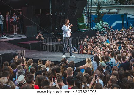 Lviv, Ukraine - June 18, 2019: Vakarchuk At Stage Talking In Microphone. Political