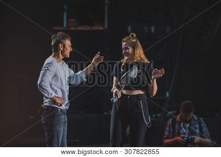Lviv, Ukraine - June 18, 2019: Vakarchuk At Stage Talking In Microphone. Political