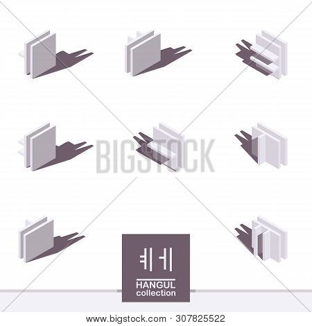 Korean Alphabet In Isometric Style, Drawn With White And Grey Shades And Shadows. Vector Collection 