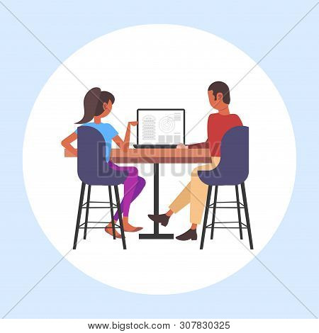 Architects Couple Using Laptop Engineers Drafting House Project On Computer Screen With Blueprints H
