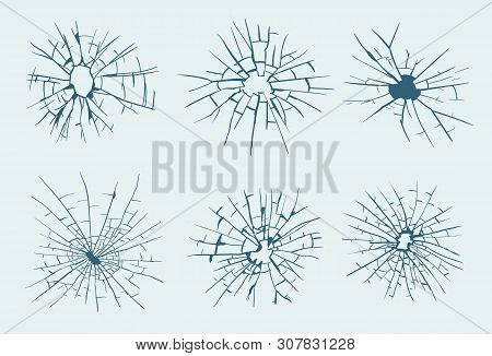 Broken Glass, Cracks, Bullet Marks On Glass. High Resolution. Vector Illustration. Texture Glass Wit