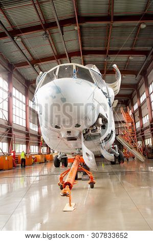 Tyumen, Russia - June 19, 2019: Aircraft Repair Helicopter Utair Engineering Plant. Mi-26 Helicopter