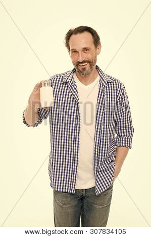 Health Is Precious. Mature Man Holding Pill Bottle. Senior Man With Pill And Vitamin Complex. Bearde
