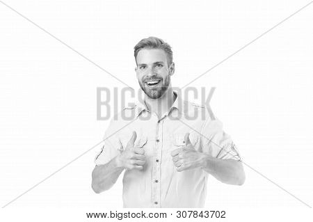 Highly Recommend. Guy Shows Thumbs Up Gesture. Man Confidently Highly Recommend White Background. Gu