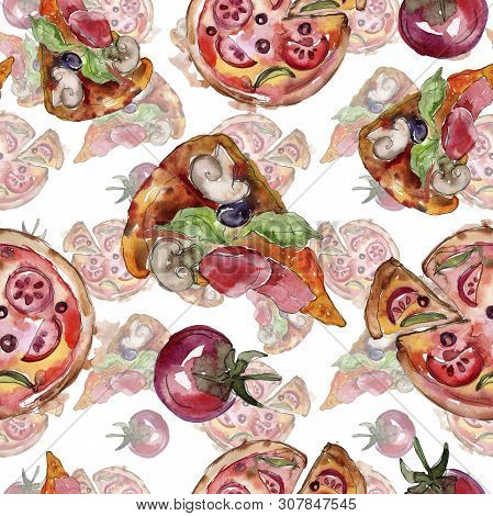 Fast Food Itallian Pizza Tasty Food. Watercolor Background Illustration Set. Seamless Background Pat