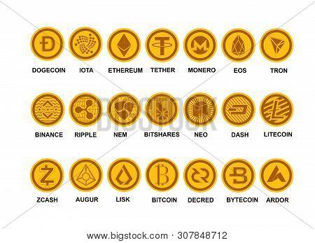 Collection Of Cryptocurrency. Collection And Vector Of Cryptocurrency Or Online Coin.