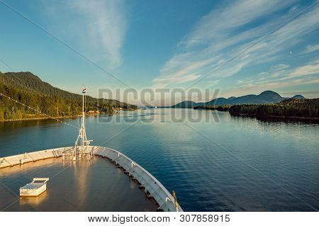 Pointed Bow Of Cruise Ship , Southbound On Ocean Channel, Alaska Inside Passage, In Warm Afternoon S