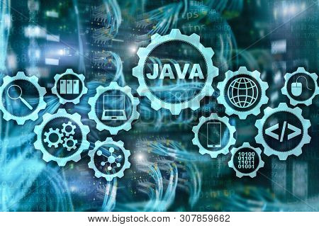 Java Programming Concept. Virtual Machine. On Server Room Background.