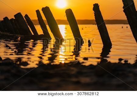 Sunset On The Kuyalnik Liman. Odessa. Ukraine. Old Logs Are Visible From The Water - The Remains Of 