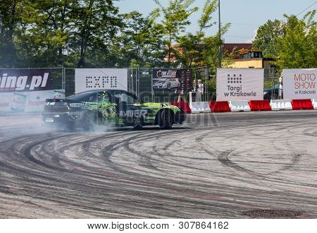Cracow, Poland - May 18, 2019: Drift Car In Action  At 5th Edition Of Moto Show In Cracow. Poland.