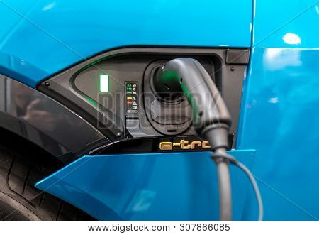 Cracow, Poland - May 18, 2019: Plug-in System Of The Audi E-tron Electric Automobile  Displayed At M