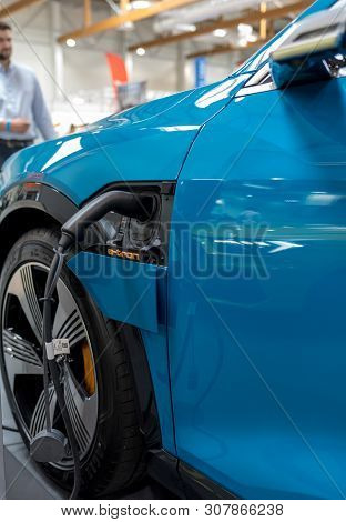 Cracow, Poland - May 18, 2019: Plug-in System Of The Audi E-tron Electric Automobile  Displayed At M