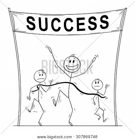 Vector Cartoon Stick Figure Drawing Conceptual Illustration Of Victorious Man, Who Is First On The F
