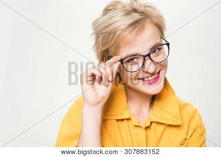 Woman Smiling Blonde Wear Eyeglasses Close Up. Eyewear Fashion. Add Smart Accessory. Stylish Girl Wi