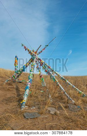 Shaman Wood With Many Of Colorful Ribbons Tied On Them; On The Way To The Stupa At Top Of Ogoi Islan