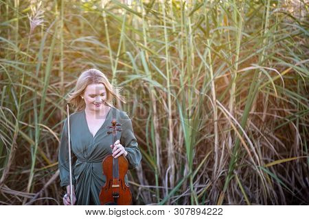 Beautiful Woman In A Sugar Cane Field At Sunset Holding A Rare Antique French Violin