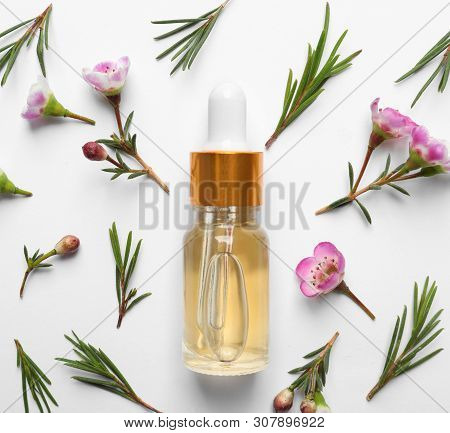 Flat Lay Composition With Bottle Of Natural Tea Tree Oil On White Background