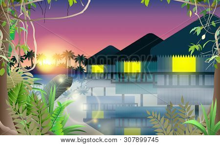 Landscape Of Bungalow At The Beach In The Morning