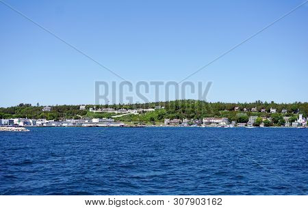 Mackinac Island, Michigan / United States - June 11, 2018: A View Of The Mackinac Island State Harbo