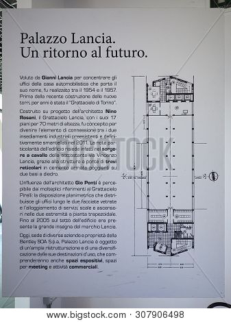 Turin, Italy - Circa June 2019: Architectural Plan Of Palazzo Lancia Palace Aka Grattacielo Lancia S