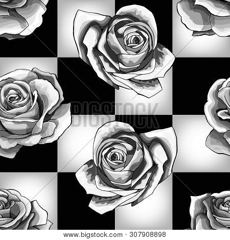 White Roses On Chessboard Background. Vector Seamless Pattern Design