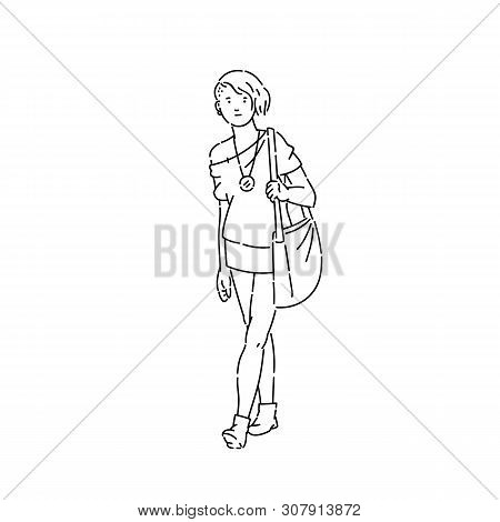 Young Teen Girl With Stylish Haircut And Clothes Vector Line Art Sketch Flat Black White Isolated Il