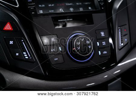 Novosibirsk, Russia - June 18, 2019:  Hyundai I40, Black Detail With The Air Conditioning Button, Th