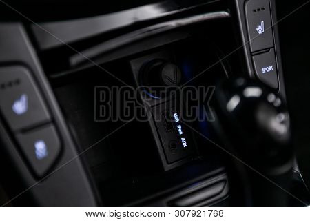 Novosibirsk, Russia - June 18, 2019:  Hyundai I40, Close Up Of A Charging In The Car, Seat Heatting 