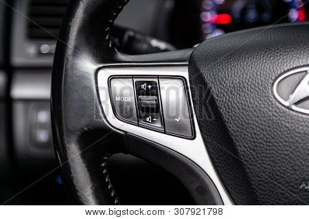 Novosibirsk, Russia - June 18, 2019:  Hyundai I40, Close-up Of The Multiwheel With Phone Setting And