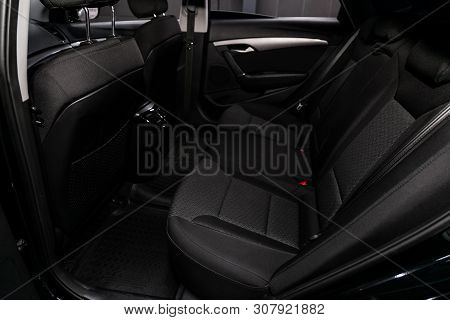 Novosibirsk, Russia - June 18, 2019:  Hyundai I40, Close-up Of The Black  Rear Seats With Seats Belt