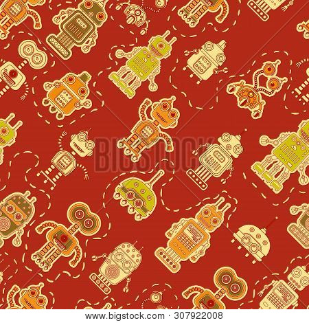 Vector Seamless Background With Colorful Illustration Of Cute Robots. Can Be Used For Wallpaper, Pat