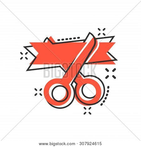 Scissors Icon In Comic Style. Cutting Ribbon Vector Cartoon Illustration On White Isolated Backgroun