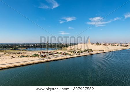 Ismailia, Egypt - November 5, 2017: Military Built And Telecommunication Tower On The Shore Of The S