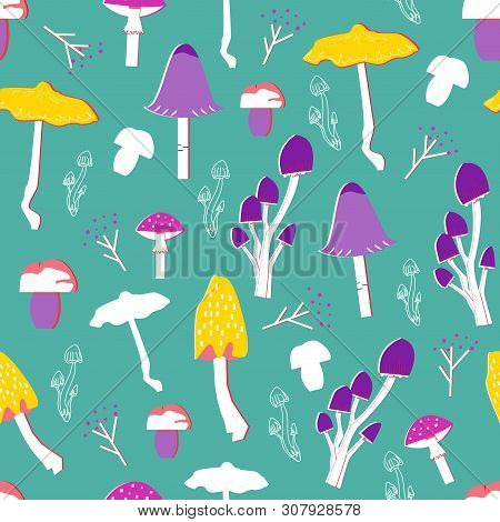 Mushroom Pattern Seamless Design. Decoration Textile And Paper Series