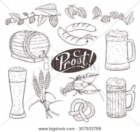 Beer Vector Sketch Isolated On White Background. Hand Drawn Design Elements Related To Beer And Bava